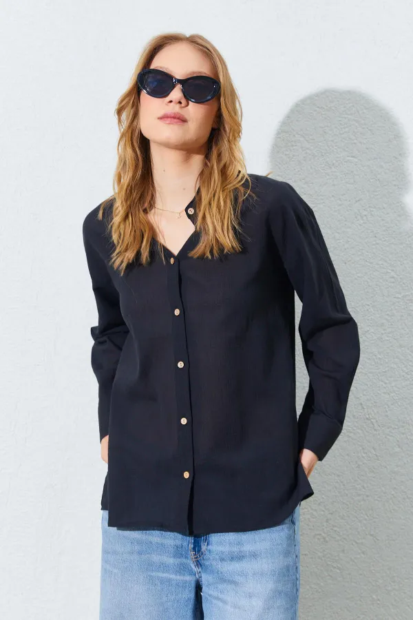 Kadın Siyah Krınkıl Oversize Gömlek