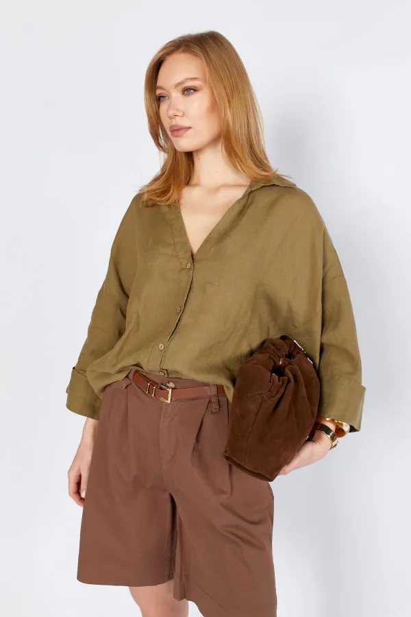 Kadın Kahve Beli Kemerli Licralı Gabardin Midi Şort