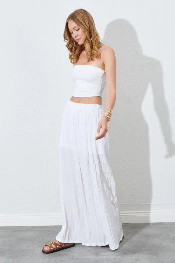 Kadın Ekru Beli Lastikli Bol Paça Kırışık Pantolon