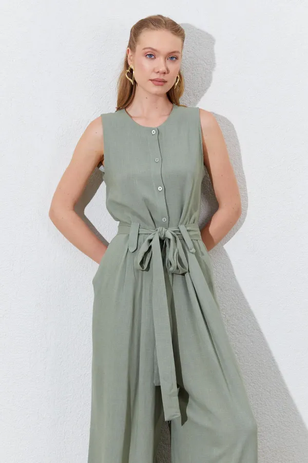 Kadın Haki Kolsuz Kuşak Bağlamalı Double Paça Tulum