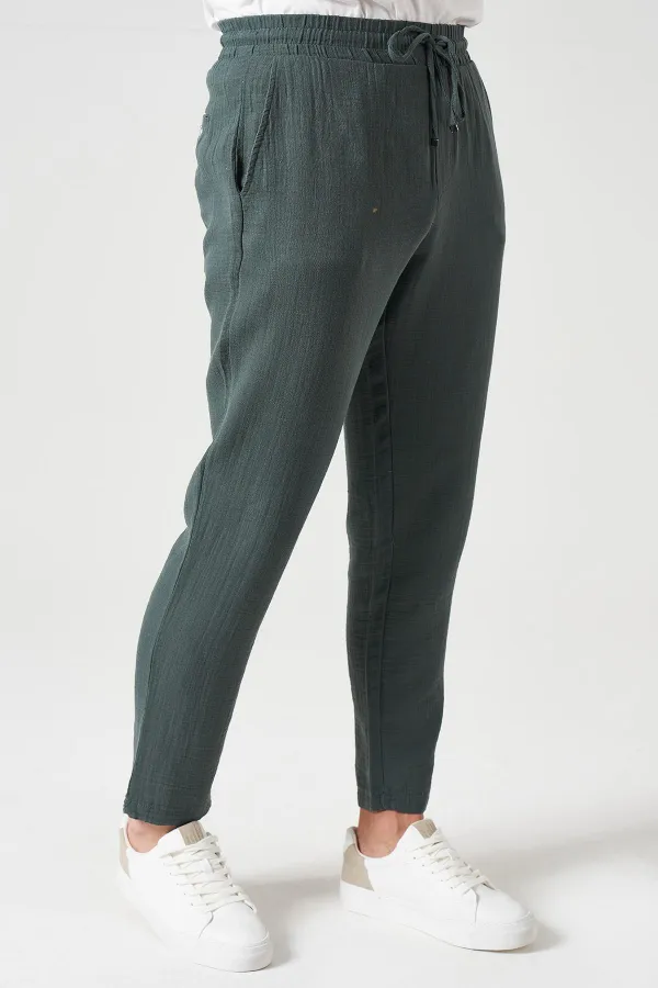 Erkek Çam Yeşili Bel Bağlamalı Müslin Pantolon