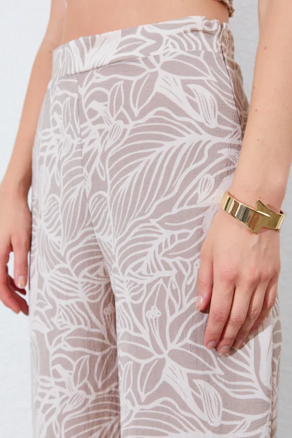 Kadın Vizon Croplu-Palozzo Pantolonlu Desenli Takım