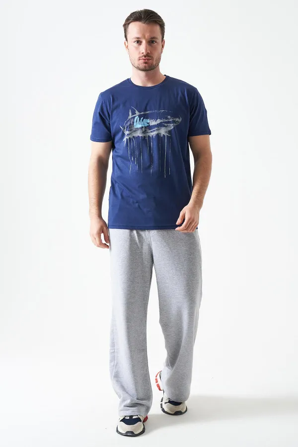 Erkek Lacivert Bisiklet Yaka Köpekbalığı Baskılı Tişört