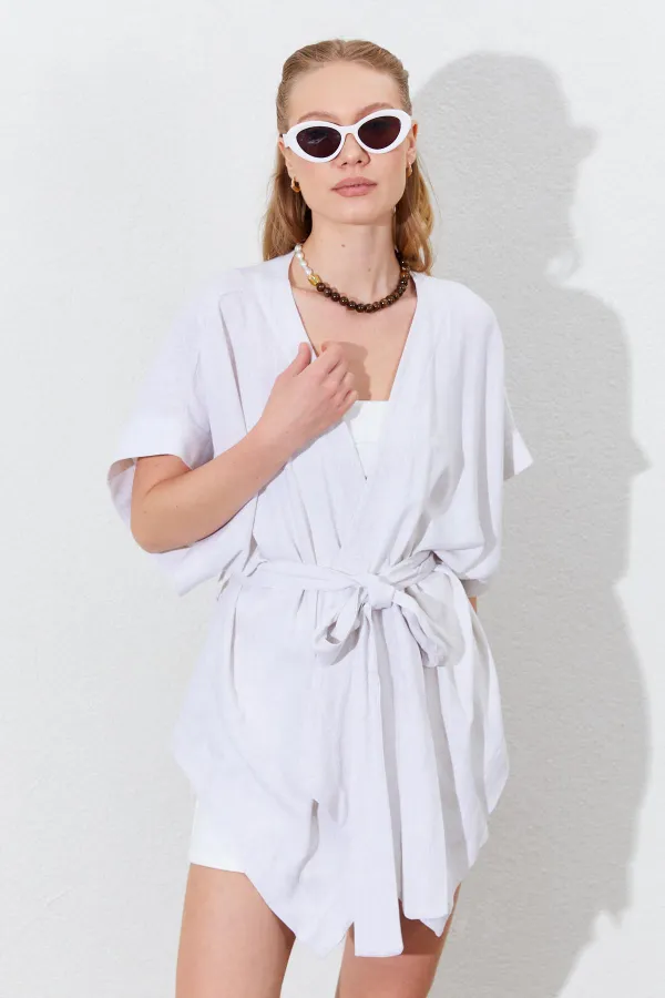 Kadın Naturel Düşük Kol Kuşaklı Kimono