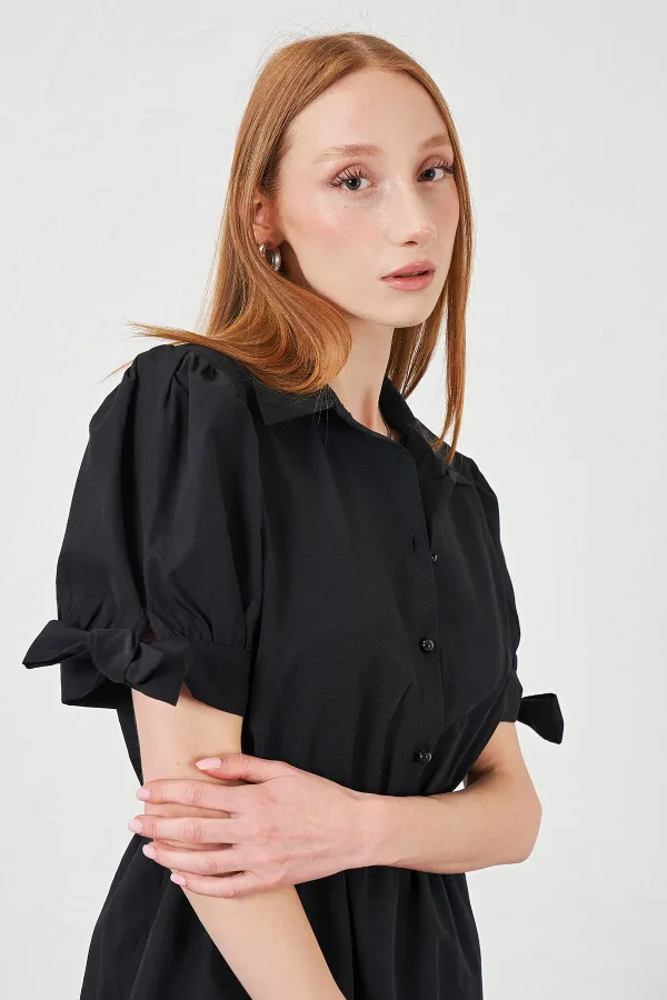 Kadın Siyah Kolları Bağlamalı Poplin Elbise