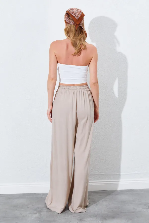 Kadın Koyu Bej Beli Lastikli Palazzo Keten Pantolon
