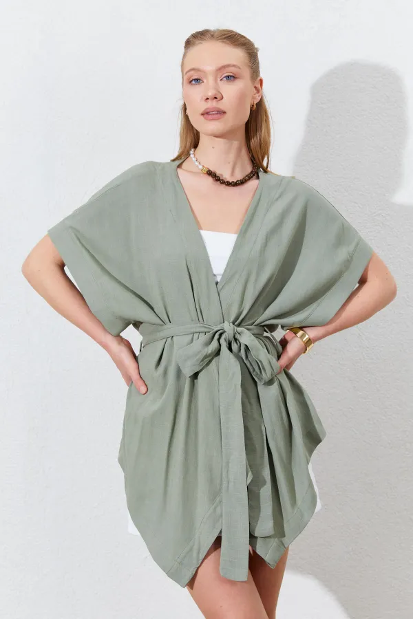 Kadın Haki Düşük Kol Kuşaklı Kimono