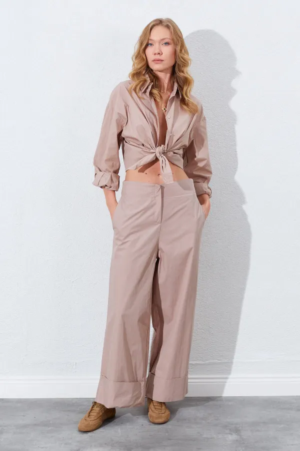 Kadın Vizon Geniş Double Boru Paça Pantolon