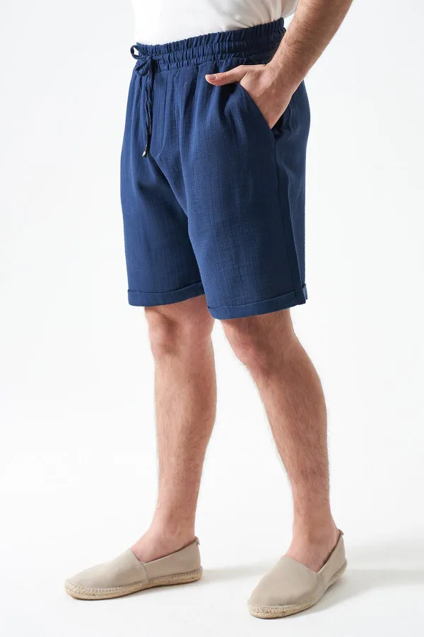 Erkek İndigo Baggy Double Paça Müslin Şort