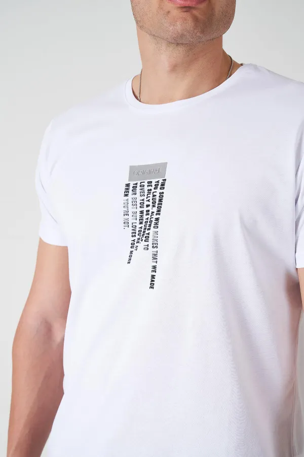 Erkek Beyaz Bisiklet Yaka Orıgınal Enjeksiyon Baskılı Tişört