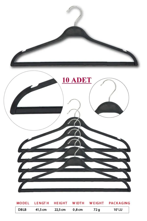 Unisex Siyah Dolgulu Kıyafet Elbise Gömlek  Pantolon Etek Askısı 10 Adet