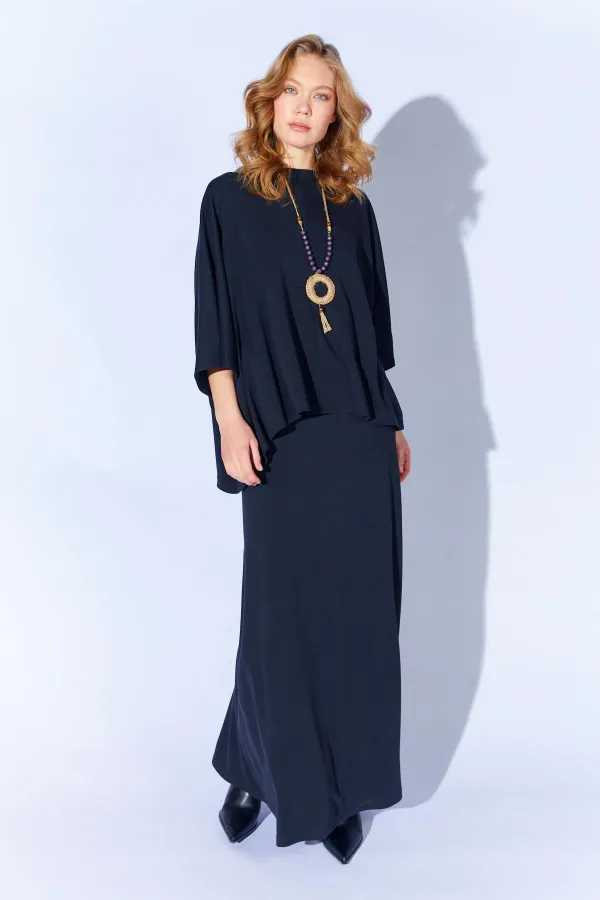 Kadın Siyah 172 Düşük Kol Bluzlu Uzun Pike Modal Etekli Takım