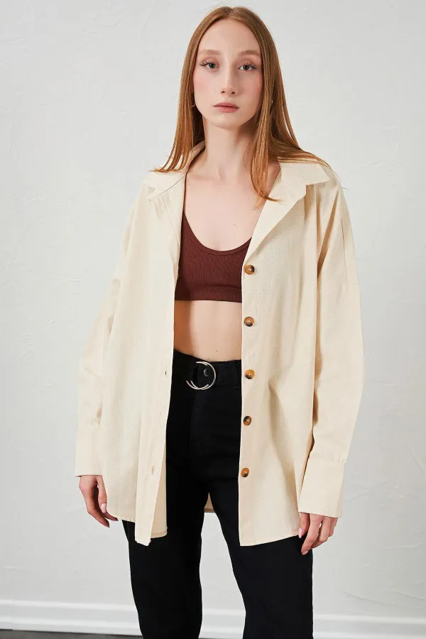 Kadın Naturel Oversize Basic Balık Sırtı Gabardin Gömlek