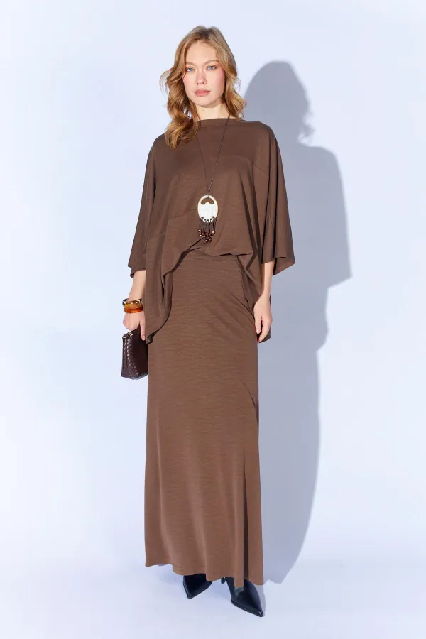 Kadın Kahve 172 Düşük Kol Bluzlu Uzun Pike Modal Etekli Takım