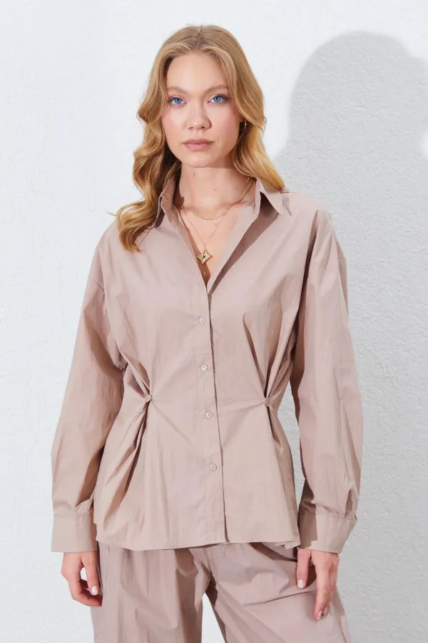 Kadın Vizon Bel Oturtmalı Bel Düğme Detaylı Gömlek