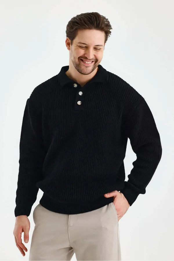 Pull en maille noir pour homme (TRZ047) à trois boutons