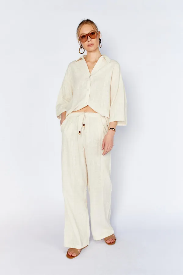 Kadın Ekru İçi Astarlı Bel Bağlamalı Pantolon