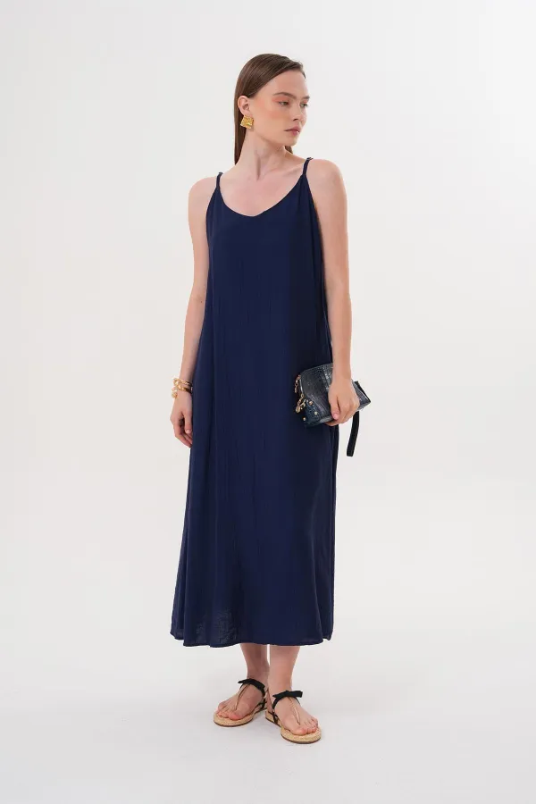 Women's Navy Blue Strappy Muslin Long Dress with Side Slit