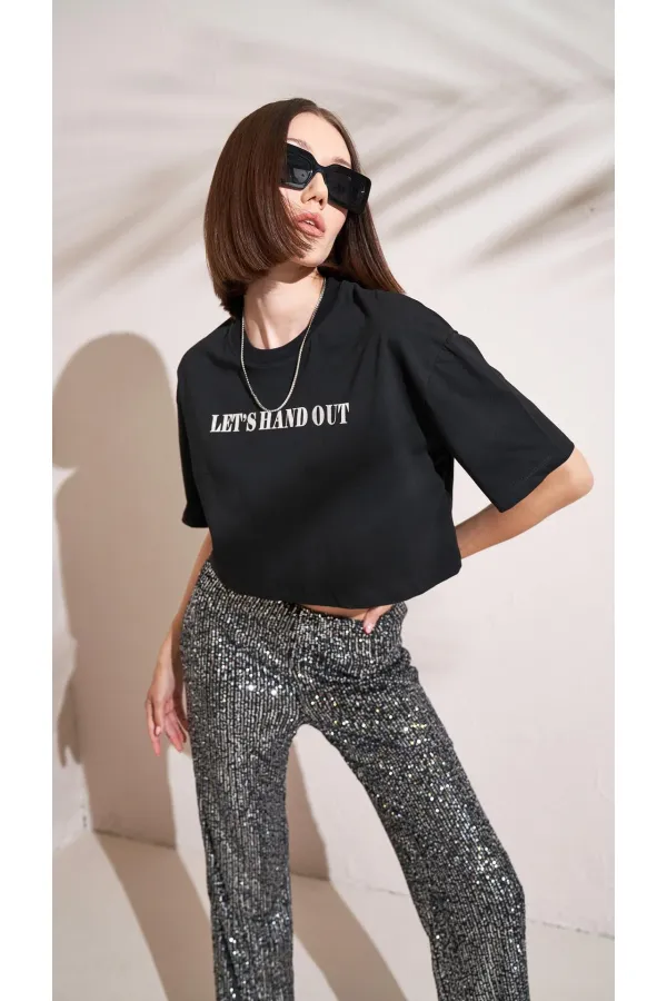 T-shirt court oversize noir à col rond pour femme, imprimé métallisé Supreme