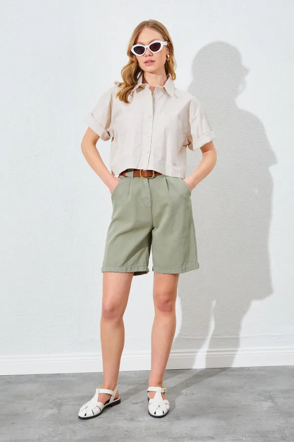 Kadın Taş Çift Cepli Düşük Kol Crop Gömlek