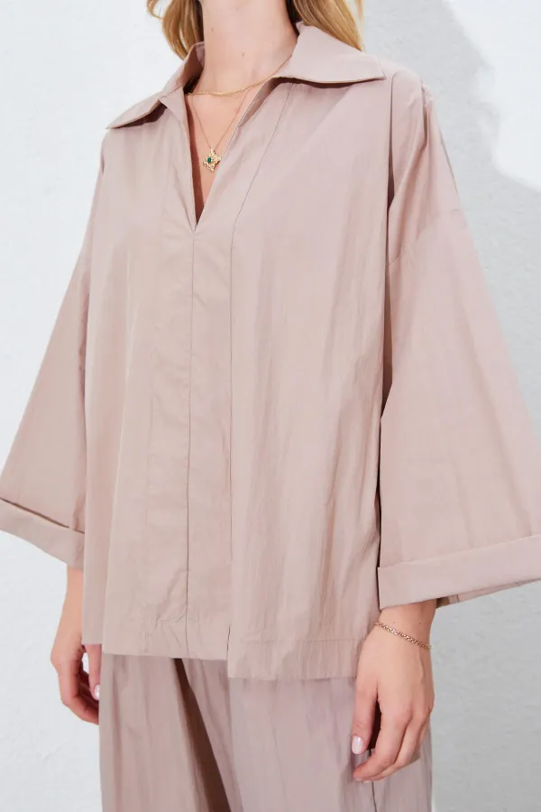 Kadın Vizon Derin V Yakalı Dirsek Kol Salaş Gömlek