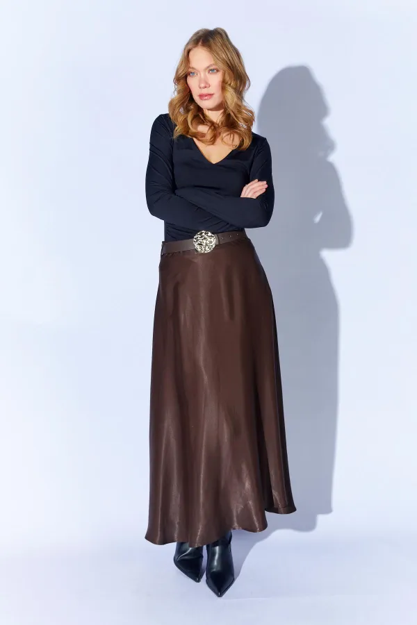 Jupe longue en satin ceinturée couleur café 3499 pour femme