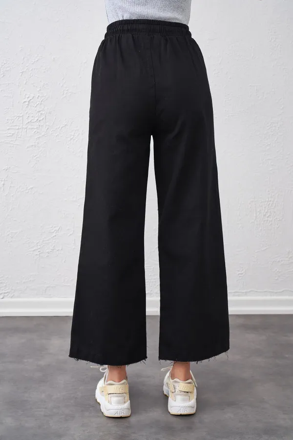 Kadın Siyah Beli Bağlamalı Geniş Piş Dikişli Paça Pantolon