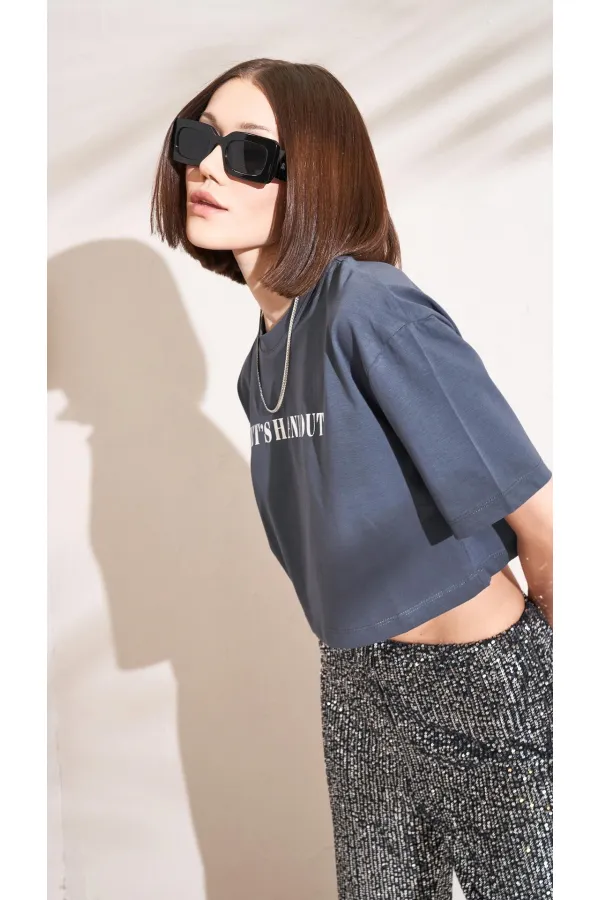 T-shirt court oversize à col rond gris fumé pour femme, imprimé métallisé Supreme