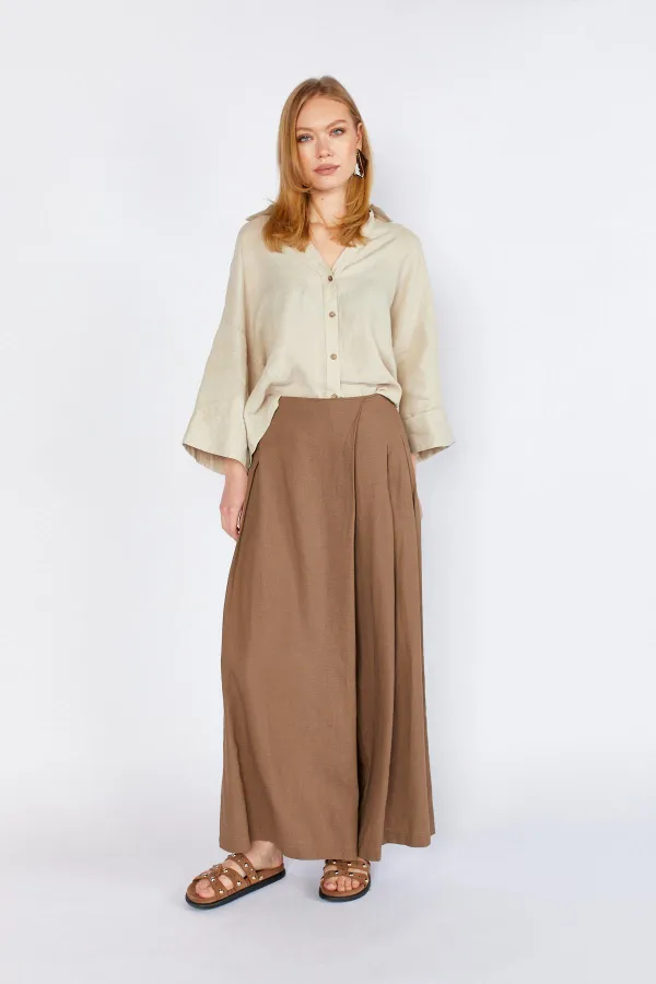 Kadın Kahve Anvelop Model Keten Pantolon