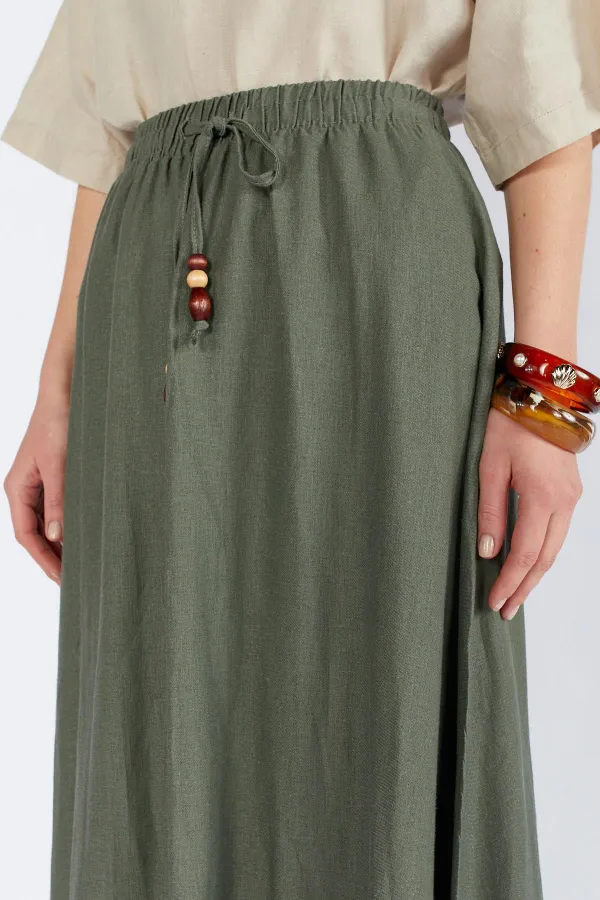 Kadın Haki Eteği Kalın Dikişli Beli Lastikli Etek