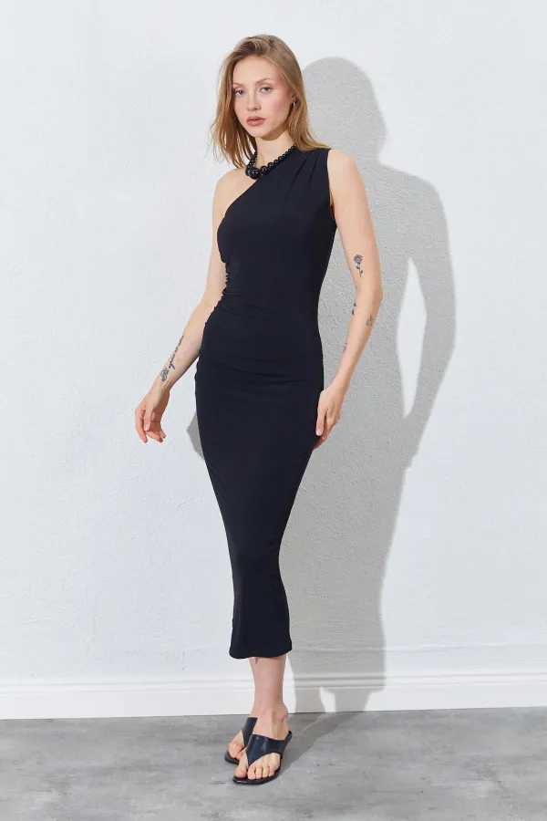 Kadın Siyah Tek Omuz Yanı Drapeli Sandy Elbise