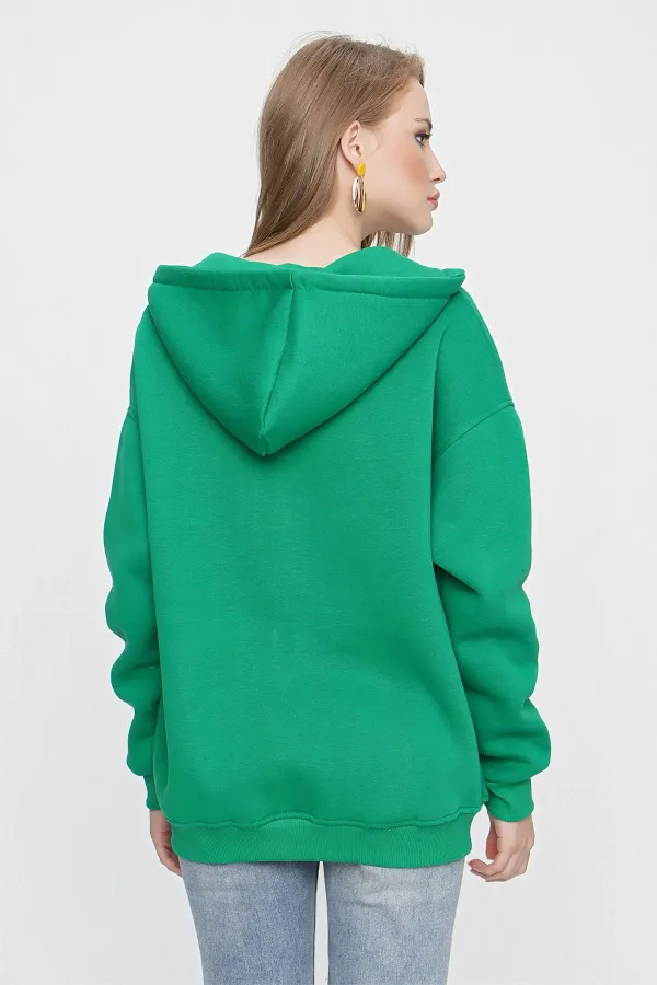 Women's Benetton Green Hooded Oversize Zip-Up Sweatshirt