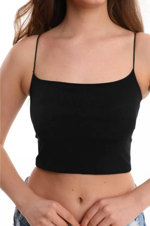 Kadın Siyah Spagetti Askılı Full Likralı Crop Atlet