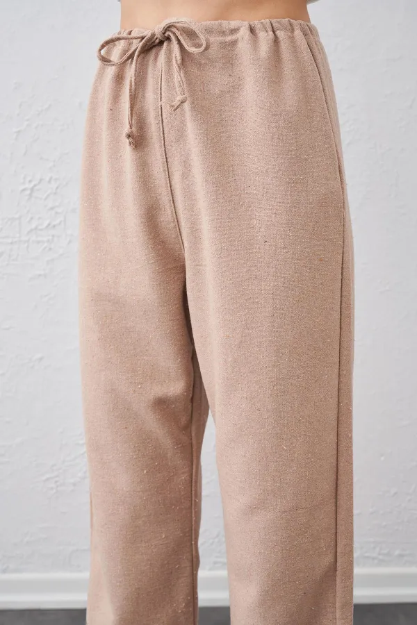 Kadın Taş Bel Bağlamalı Bağcıklı Keten Pantolon