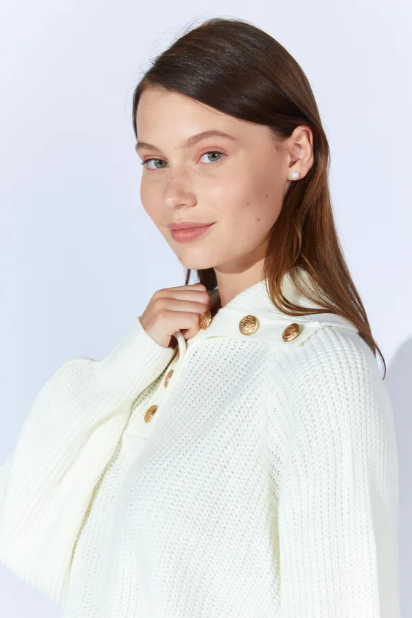 Kadın Kemik Şal Yaka Düğmeli Triko Kazak