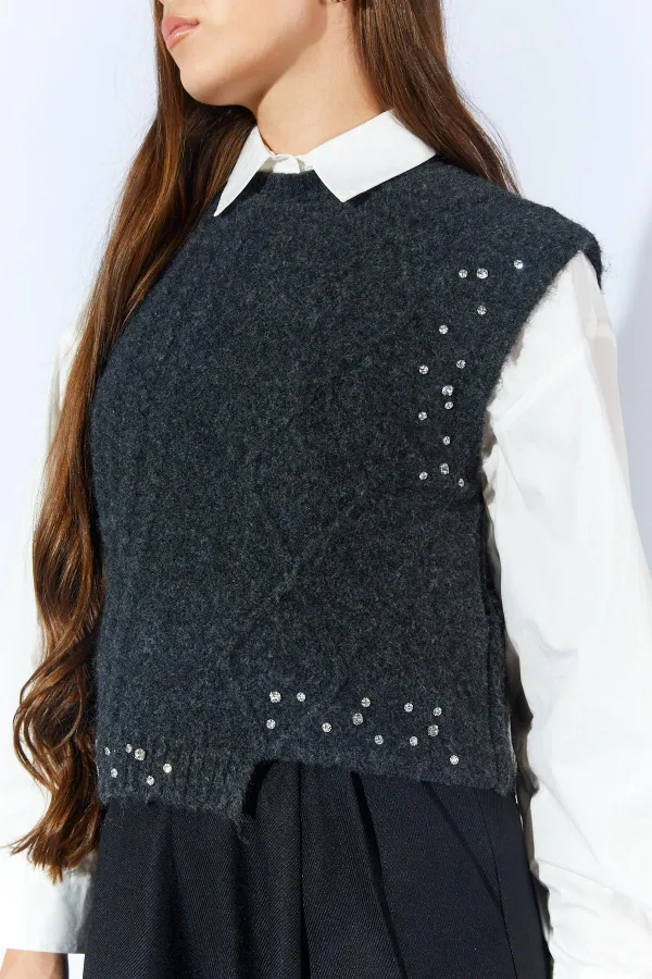 Kadın Antrasit Bisiklet Yaka Desenli Triko Süveter