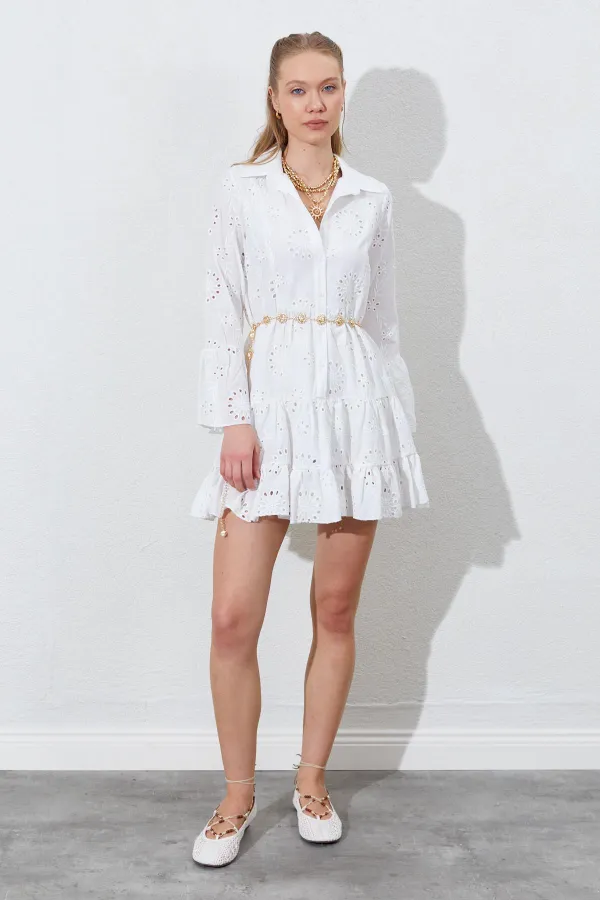 Kadın Ekru Fistolu Gömlek Elbise