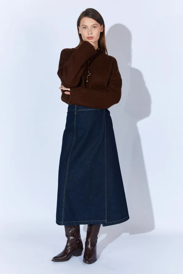 Kadın Kahve Bisiklet Yaka Basic Triko Kazak