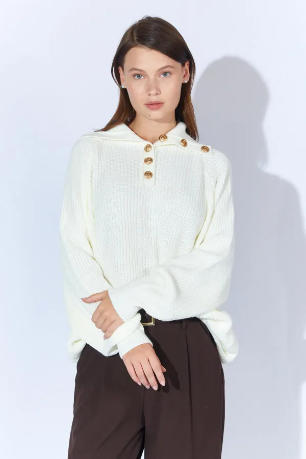 Kadın Kemik Şal Yaka Düğmeli Triko Kazak