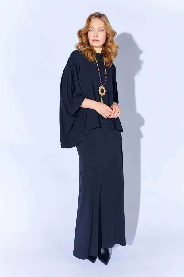 Kadın Siyah 172 Düşük Kol Bluzlu Uzun Pike Modal Etekli Takım