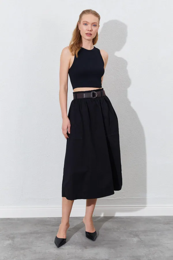 Kadın Siyah Palaska Kemerli Önü Cepli Gabardin Etek