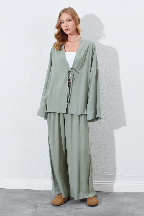 Kadın Haki Önü İp Bağlamalı Kimone Ceket