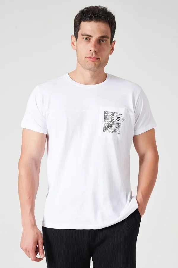 Erkek Beyaz Bisiklet Yaka Önü Parçalı Cep Baskılı Tişört