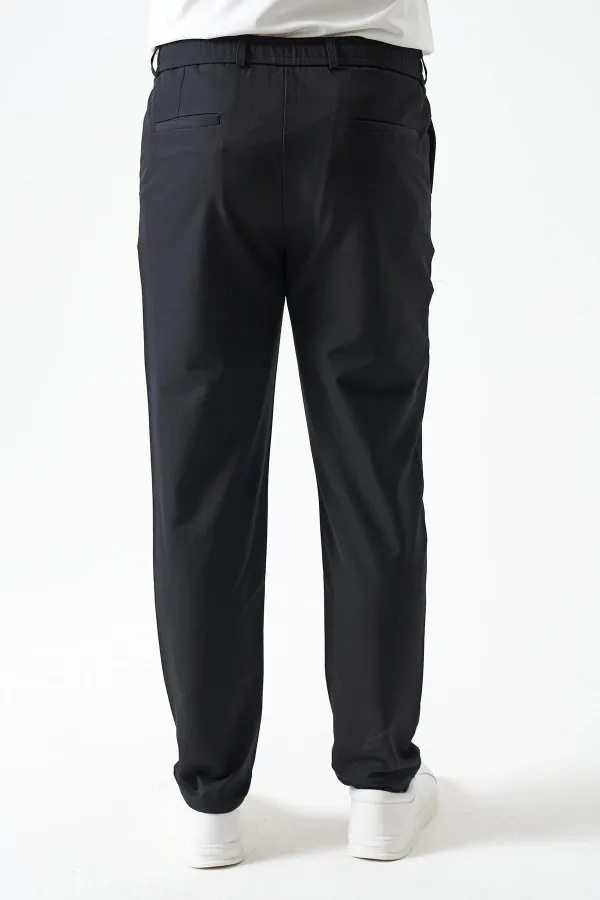 Erkek Siyah Beli Yarım Lastikli ve Fermuarlı Yerli Teknik SRN42 Kumaş Pantolon