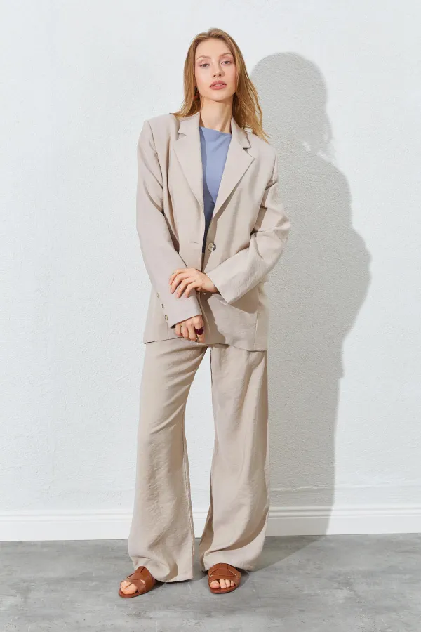 Kadın Taş Blazer Ceketli Palozzo Modal Pantolonlu Takım