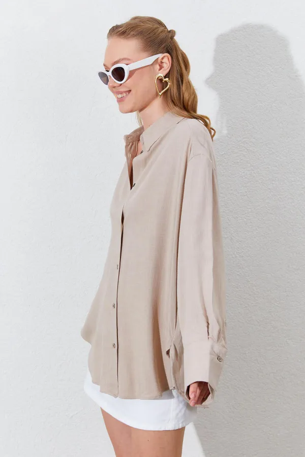 Kadın Koyu Bej Oversize Keten Gömlek