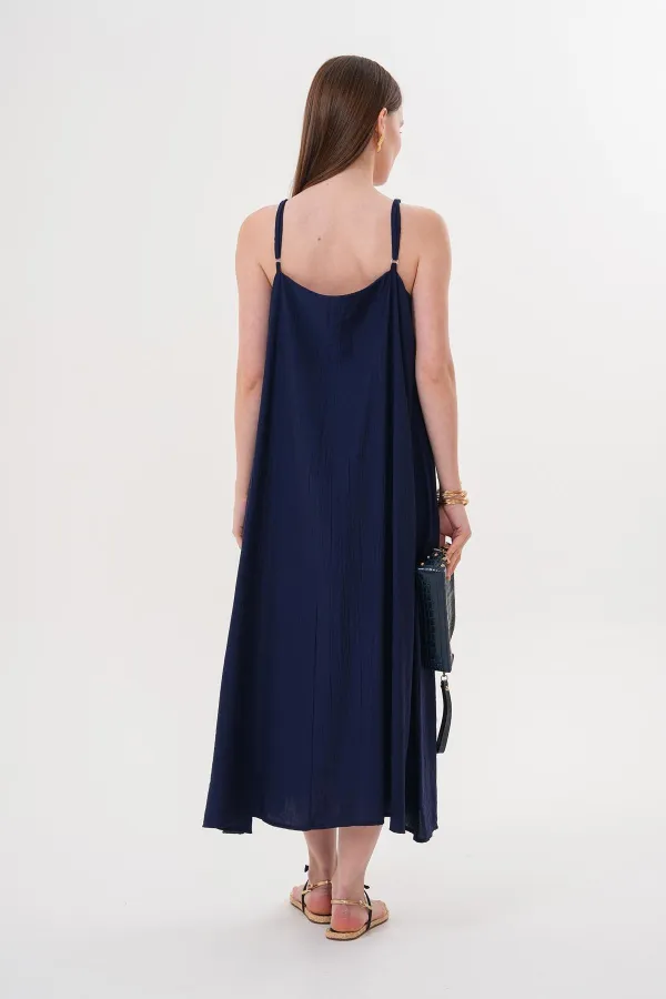Women's Navy Blue Strappy Muslin Long Dress with Side Slit