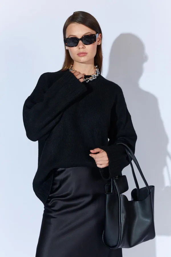 Kadın Siyah Bisiklet Yaka Basic Triko Kazak