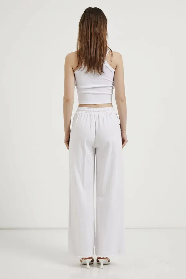 Kadın Beyaz Beli Bağlamalı Geniş Piş Dikişli Paça Pantolon