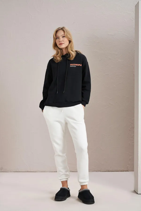 Women's Black Fake People Print Three-Thread Sweatshirt